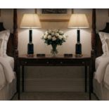 A Pair of Neoclassical Style Jacaranda and Faceted Green Glass Table Lamps Each table lamp