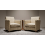 A Pair of Luxury Contemporary Armchairs in Neutral Basketweave Textile A pair of substantial and