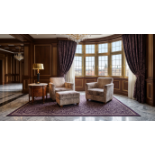 A Pair of Luxury Contemporary Armchairs with a Matching Footstool in Patterned Velour A seating