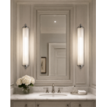 A pair of premium contemporary linear bathroom wall sconces of sleek, architectural form, Each