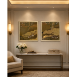 A pair of Japanese Edo Rimpa School Style Prints of Mandarin Ducks, A high-quality square decorative