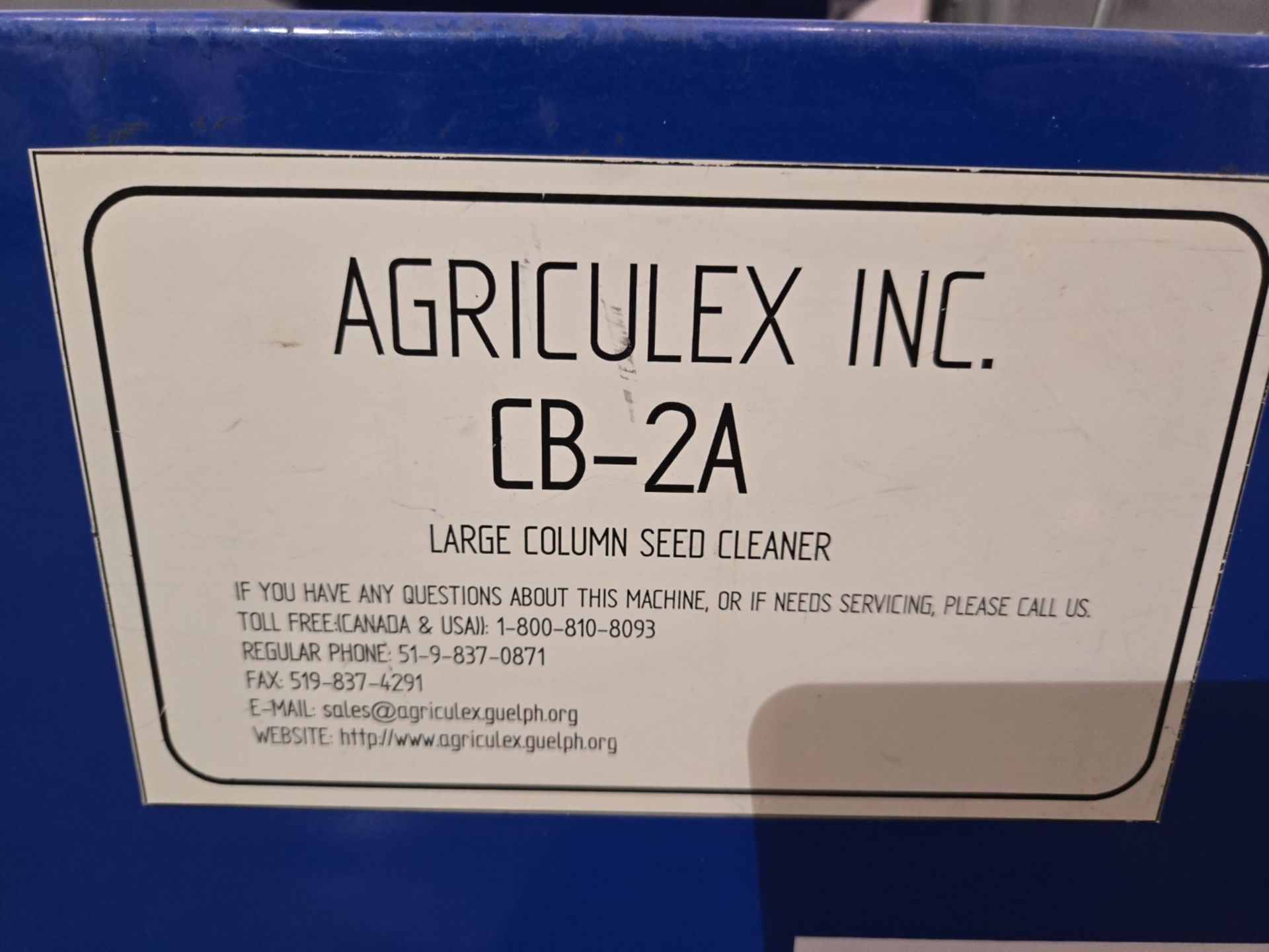 Agriculex large column seed cleaner, model CB-2A, serial# CB2A08003.