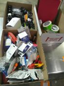 3 Boxes Office Supplies – Pens, Clips, Stamps, Ink, Folders, Etc.