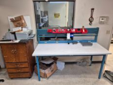 WORKBENCH AND WOODEN CABINET WITH CONTENTS