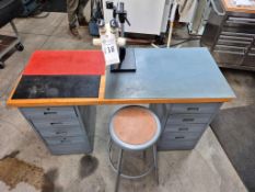 LEICA MS5 STEREO MICROSCOPE ON AN 8 DRAWER WOOD TOPPED SHOP DESK, AND STOOL