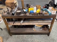 3 LEVEL WELDED STEEL WORKBENCH, PLYWOOD TOPS, LOADED WITH RANDOM MISC. TOOLING, TOOLS AND SUPPLIES