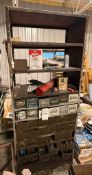 11 SHELF RACK W/37 INDEXABLE INVENTORY DRAWERS W/ MISC ASSORTMENT OF TOOLING