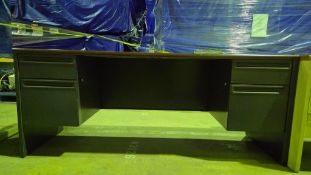 LONG OFFICE DESK, METAL FRAME, LAMINATED FAUX WOOD TOP, DOUBLE TOP AND BOTTOM DRAWERS