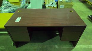 STANDARD ISSUE OFFICE DESK WITH DOUBLE TOP AND BOTTOM DRAWERS AND COMPUTER CABLE TOP SURFACE HOLE.