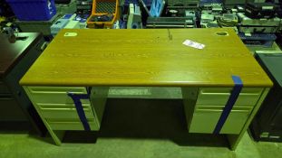STANDARD ISSUE OFFICE DESK WITH 5 TOP, MID AND BOTTOM DRAWERS AND COMPUTER CABLE TOP SURFACE HOLES