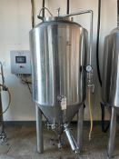 250 GALLON STAINLESS STEEL VERTICAL CONE BOTTOM TANK W/ BOTTOM DRAIN & TOP MOUNTED MANWAY COVER