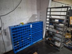 TIFCO INDUSTRIES 72-COMPARTMENT BOLT BIN AND METAL SHELVING UNIT FILLED WITH ASSORTED HARDWARE