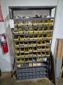 INDUSTRIAL STORAGE RACK WITH HANGING BINS FILLED WITH ASSORTED DRILL BITS AND HARDWARE