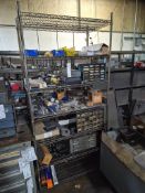 INDUSTRIAL WIRE SHELVING UNIT FILLED WITH ASSORTED TOOLS, TOOLING, & HARDWARE *CONTENTS INCLUDED