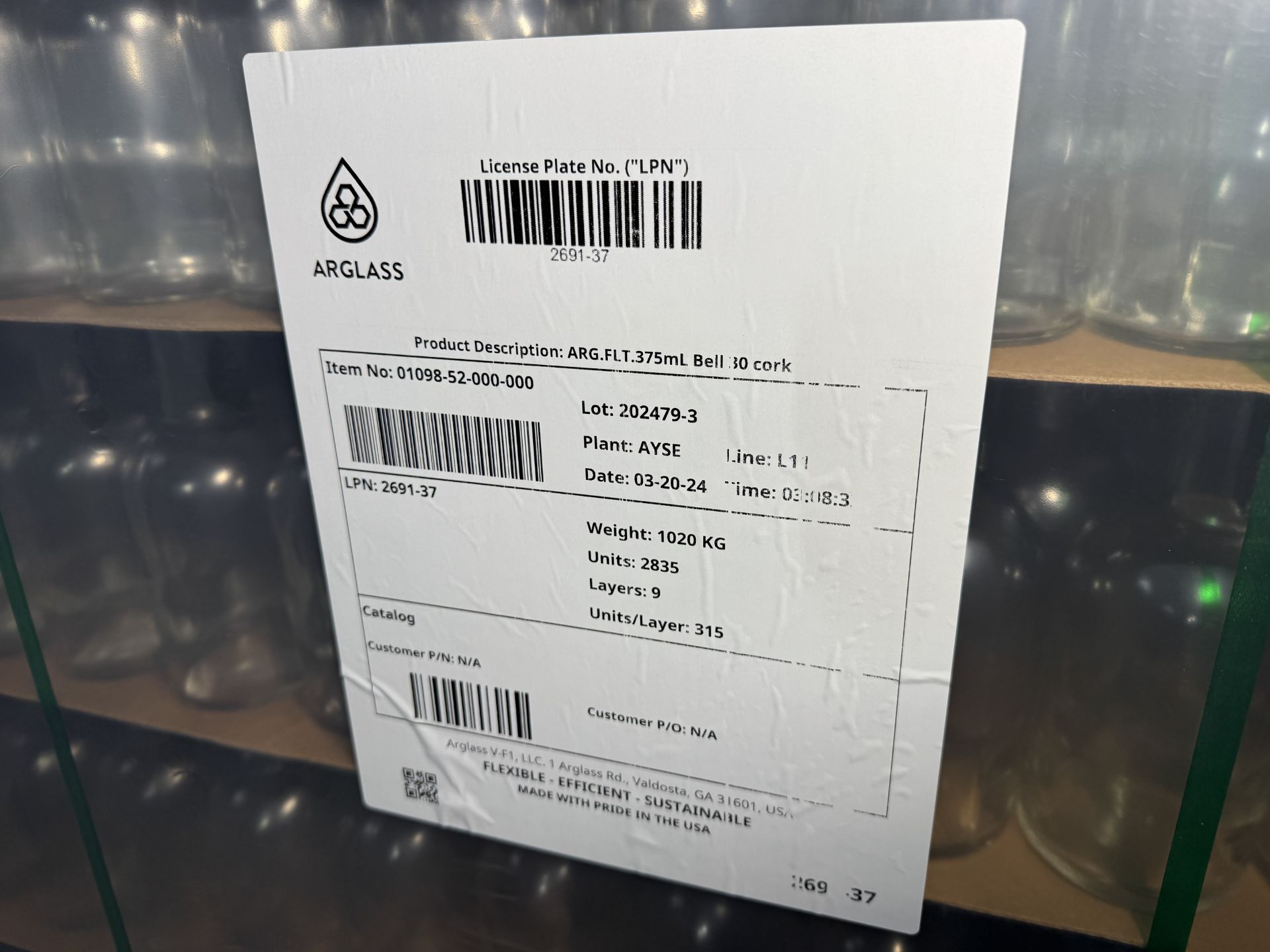 [LOT] of (30) pallets Arglass 375ml Glass Bottles, bell, clear, cork ...