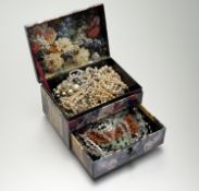 A box containing a collection of vintage paste pearl necklaces, a Chinese fresheater cultured