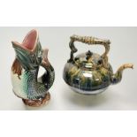 A gluggle jug in a majollica style glaze (h-25cm) together with a Scottish Pottery tin glazed
