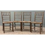 A set of four 19th century Arts and Crafts chairs, elm with rush seats, spindle backs and turned