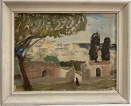 Mid 20th century oil on canvas, a Continental coastal town, signed with initials and dated 1952, 25c