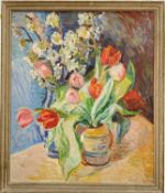 A. Lindfield, 20th century oil on board, Tulips and Blossom, signed, 64cm x 53cm, framed