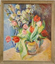 A. Lindfield, 20th century oil on board, Tulips and Blossom, signed, 64cm x 53cm, framed