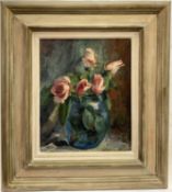 Sophia Wysocka (1915-2008) oil on board, Roses in a blue vase, inscribed and dated 1988 verso, 31cm