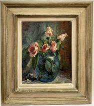 Sophia Wysocka (1915-2008) oil on board, Roses in a blue vase, inscribed and dated 1988 verso, 31cm