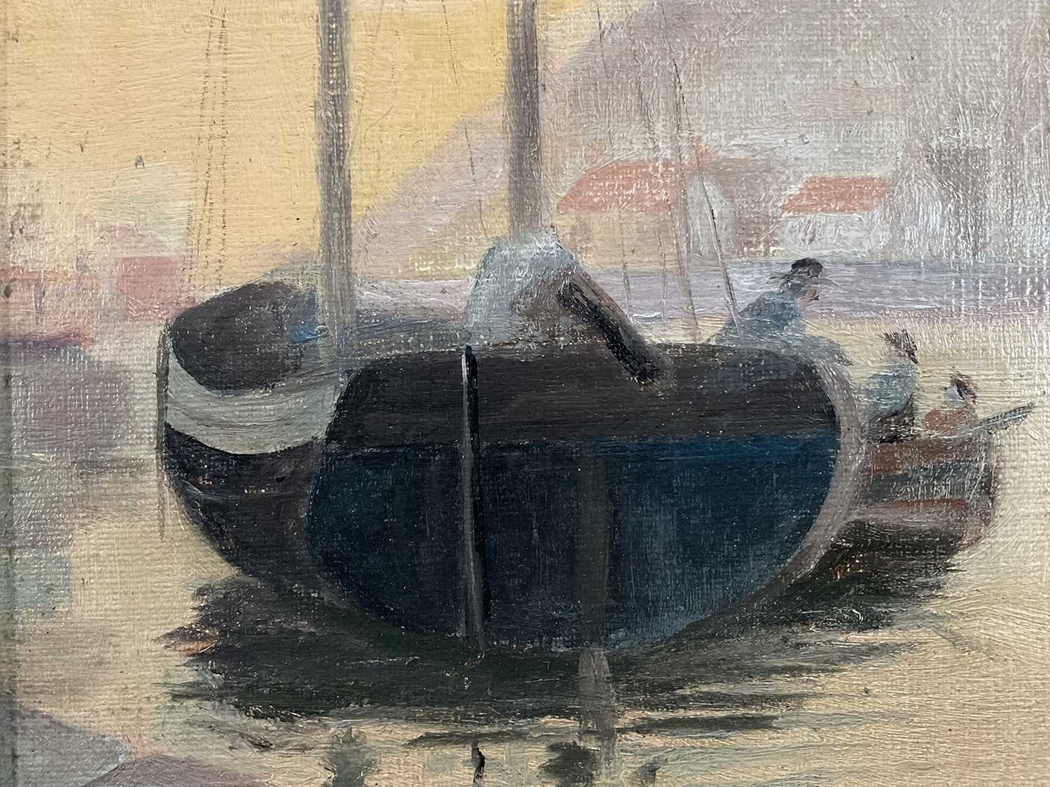 English School oil on board, harbour scene, 34.5cm x 16.5cm, framed - Image 3 of 5