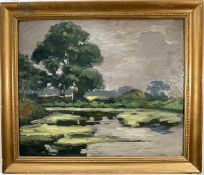 English School, 20th century oil on board, river landscape, signed indistinctly, 50cm x 60cm, framed