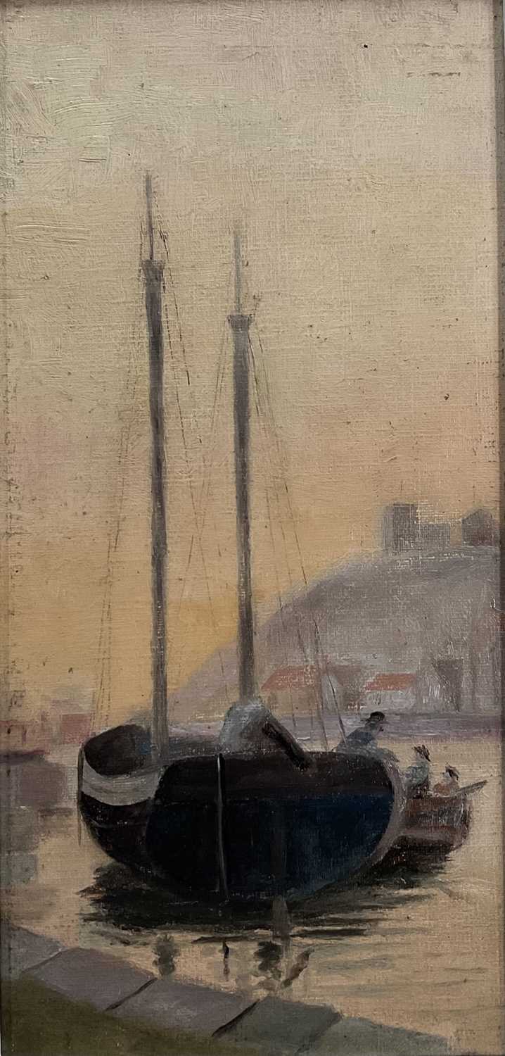 English School oil on board, harbour scene, 34.5cm x 16.5cm, framed - Image 2 of 5