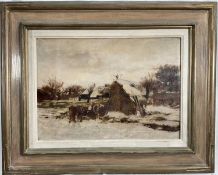 Eastern European School, 20th century oil on canvas, Farmstead in winter, 28cm x 40cm, framed