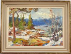 Norwegian, 20th century, oil on board, signed indistinctly, Lake scene titled 'Spring, Tinnsjøen', 3
