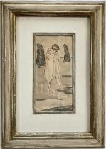 20th century pen and ink sketch, figure in cloak, 17cm x 8.5cm, glazed frame