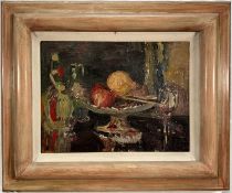 Eastern European School 20th century oil on board, still life, signed indistinctly top right, 30cm x