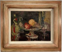 Eastern European School 20th century oil on board, still life, signed indistinctly top right, 30cm x
