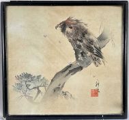 Japanese woodblock, Eagle on a branch, 22cm x 24cm, glazed frame
