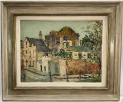 George Hann (1900-1979) oil on board, street corner, signed, 34cm x 44cm, framed