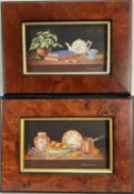 Enid Clarke RMS (1919-2020) pair of miniature oils on panel depicting still life with objects and fr