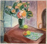 Omar Kvalvaag (Norwegian, 1909-1997) oil on canvas, Flowers and fruit on a table by a window, signed
