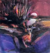 Eric Auld (1931-2013) mixed media, Red Sky Full Moon Rising, signed, Royal Scottish Academy Exhibiti