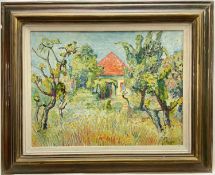 J. Galuba, Polish, oil on board, Summer garden, signed and dated 1946, 33cm x 44cm, framed