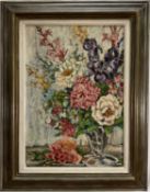 20th century oil on board North Tanzanian 'Flowers in the window', signed Betty Williams, inscribed