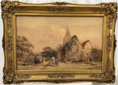 English School, late 19th century watercolour, figures beside a church
