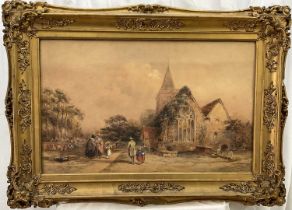 English School, late 19th century watercolour, figures beside a church