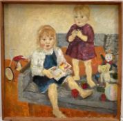 Swedish School, oil on board, signed V. Gowland dated Nov. 1963, Two young girls with toys, 74cm x 7