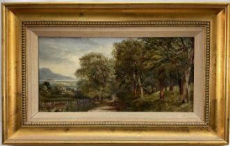 English School, 19th century, oil on board, signed A. Vickers, figures on a track on the edge of woo