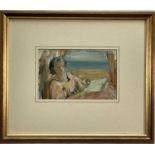 Sophia Wysocka (1915-2008) oil on paper, The Window Seat, titled verso, 12cm x 19cm, in glazed frame