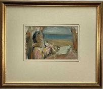 Sophia Wysocka (1915-2008) oil on paper, The Window Seat, titled verso, 12cm x 19cm, in glazed frame