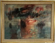 Alfred Cohen (American/British 1920-2001) watercolour, Fog on the River, signed, 44cm x 59cm, gilt f