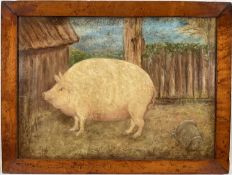 English School, oil on canvas laid on panel - A Prize Pig, 31cm x 43cm, in burr maple veneered frame